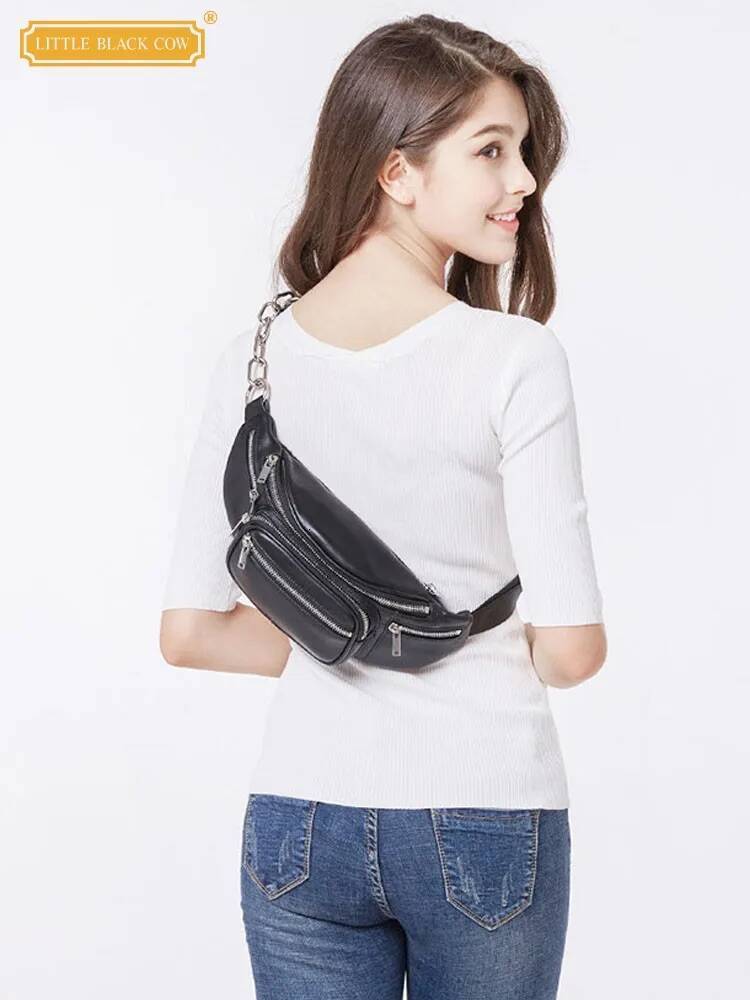 High Street Women Genuine Chest Casual Multi Pocket Waist Bags Fashion Cow Leather Sheepskin Chain Shoulder Bag Flap