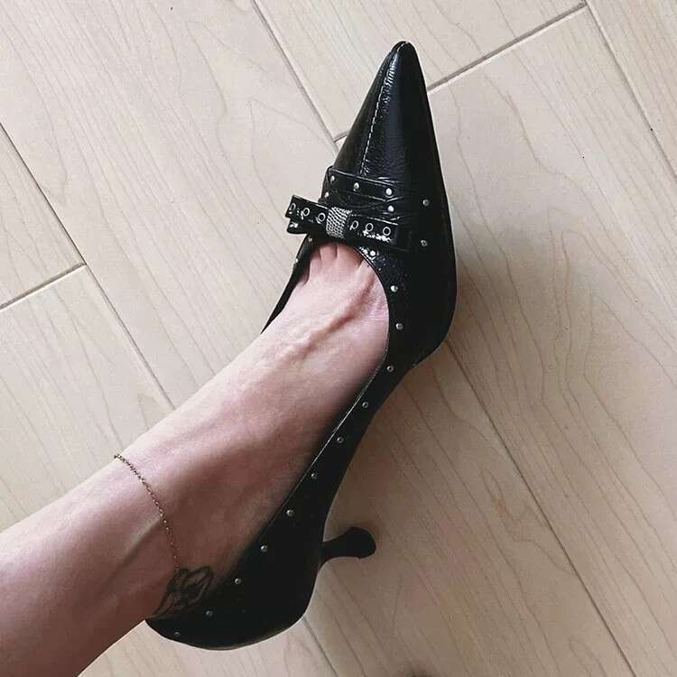 Genuine Leather French Rivet Bow Pointed Toe Shallow Mouth Stiletto Women 2025 New Spring Summer Elegant High Heels