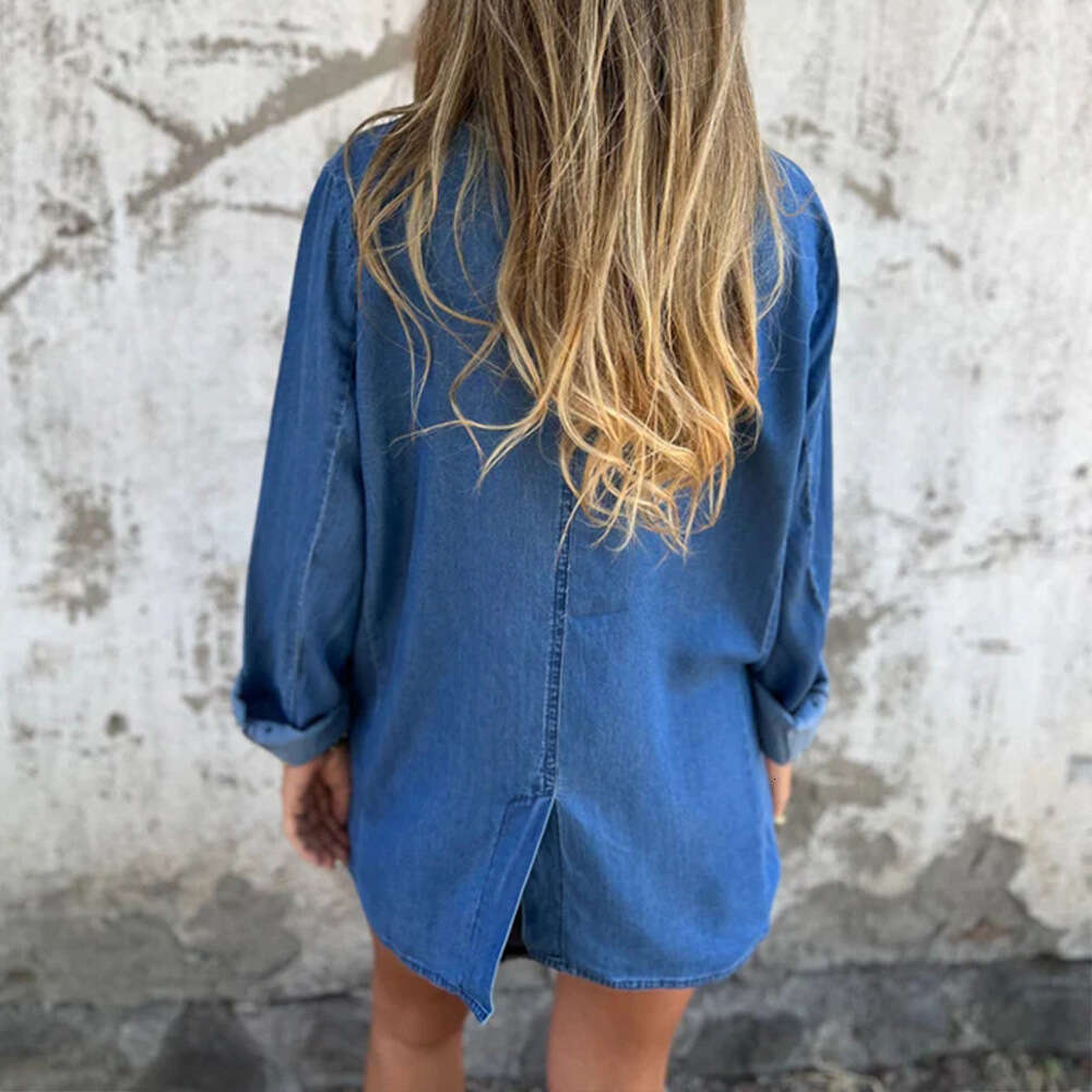 Summer Autumn Women's Casual Pocket Solid Color Loose Long Sleeve Denim Jacket B5