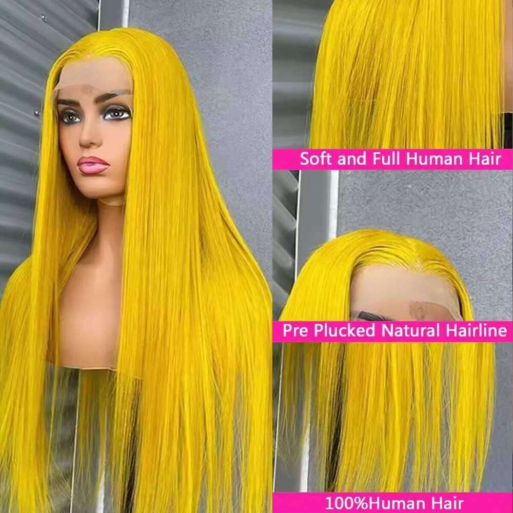 300 Density 13x6 HD Front Lemon Yellow Colored 40Inch Straight Lace Frontal Wig PrePlucked Human Hair Wigs