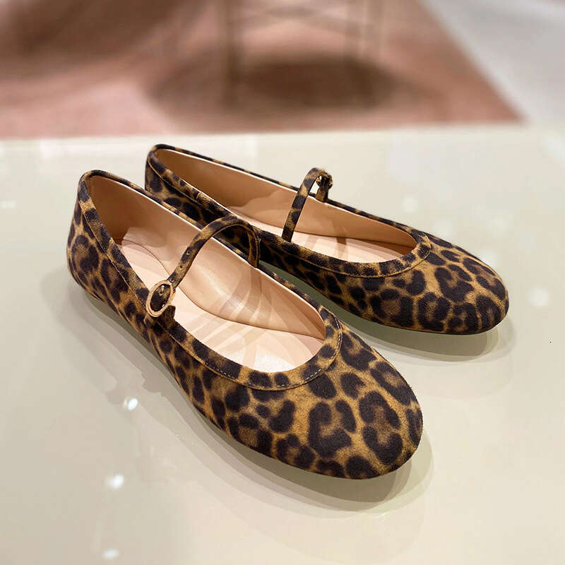 Genuine Leather Shallow Mouth Round Toe One-Strap Mary Jane Leopard Print Single for Women Summer Autumn New Ballet Flat Shoes