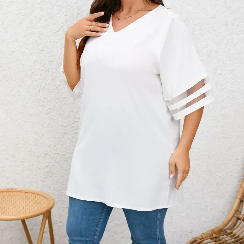 Plus Size1XL5XL Women Summer Loose VNeck Ladies Mesh Stitching 34 Sleeve Casual Holiday Blouse Tunic Shirts Tops 250519