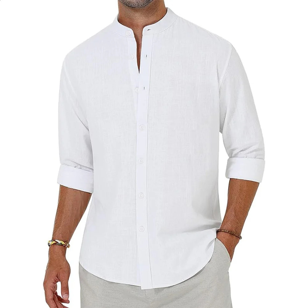 Mens Cotton Linen Shirts Long Sleeve Button Down Shirt Henley Collar Beach Shirts Hawaiian Vacation Casual Tops Men 250528