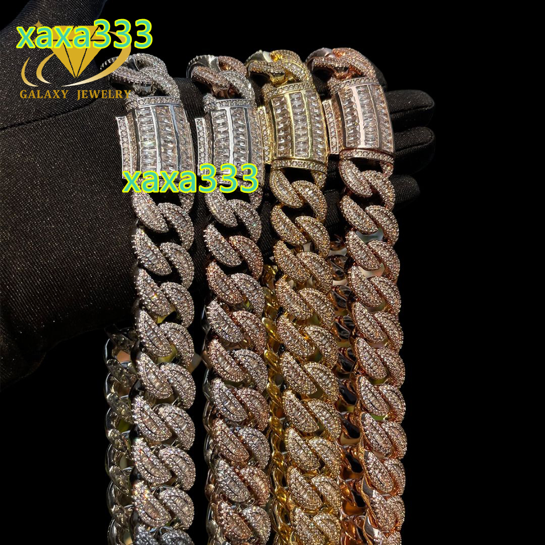 Luxury Hip Hop Chain Cuban Necklace Bling Moissanite Baguette Cuban 925 Silver Gold Plating Iced Out Miami Cuban Link Chain