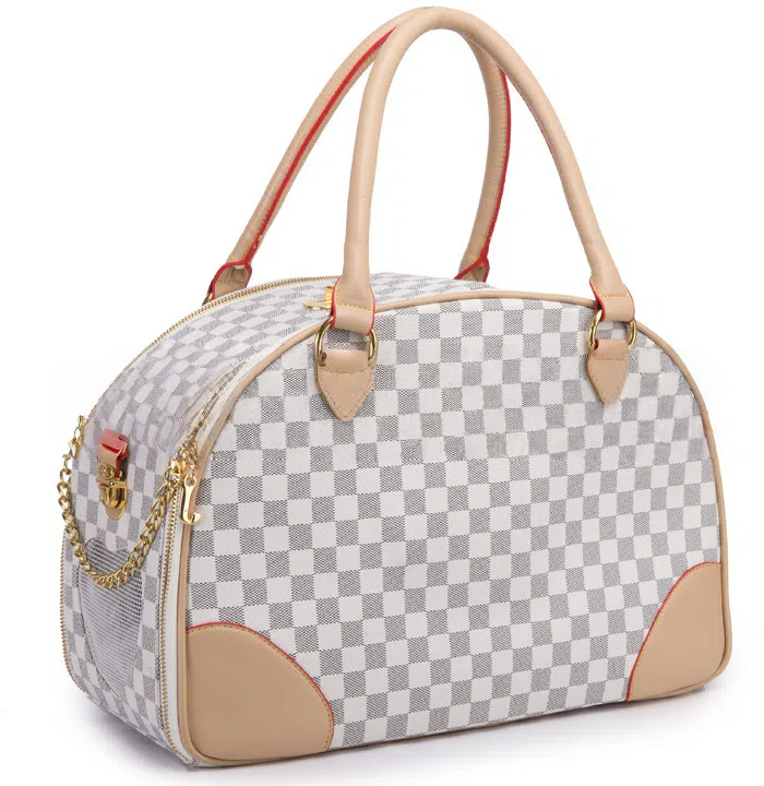 Luxury Designer Pet Carrier Bag for Small Medium Dogs Cats - Airline Approved Travel Tote Purse with Mesh Ventilation (White/Brown, Small/Large)