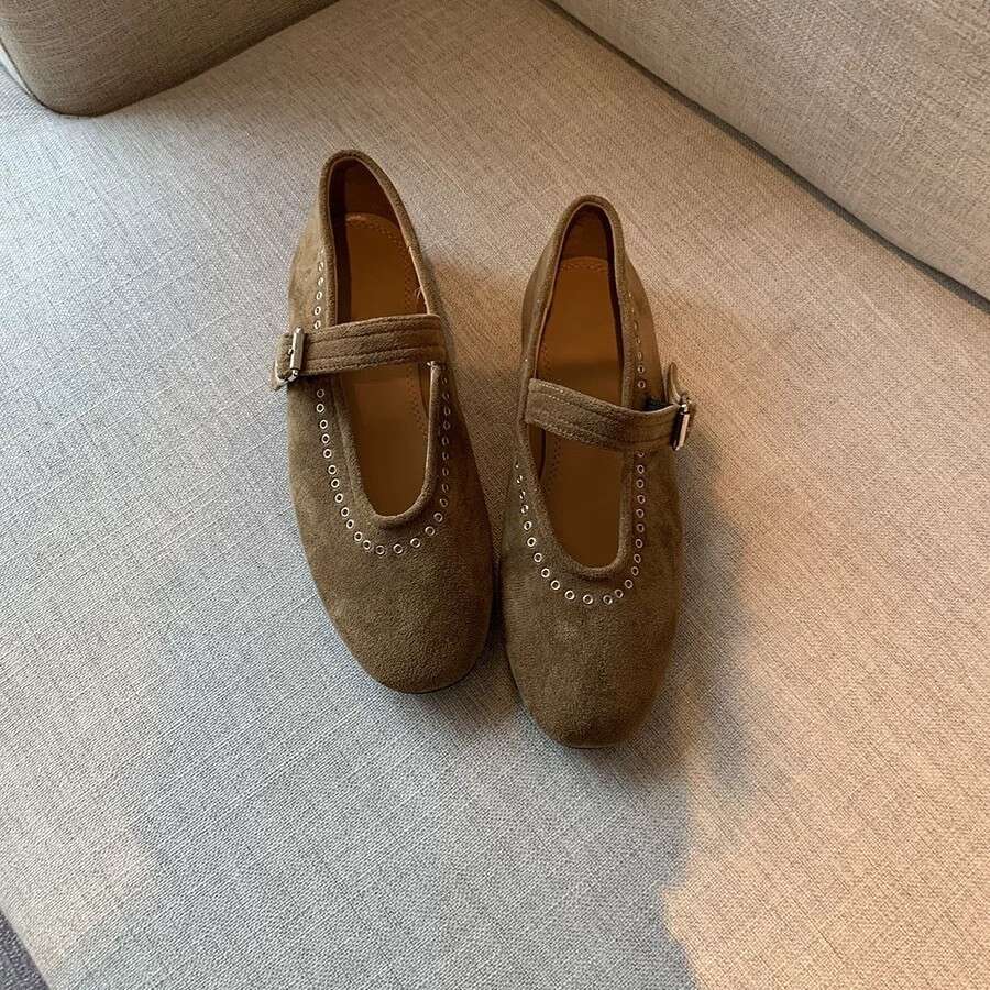 French Style Genuine Leather Suede Mary Jane with One-Strap Buckle, 2024 New Versatile Flat Round Toe Studded Single Shoes for Women