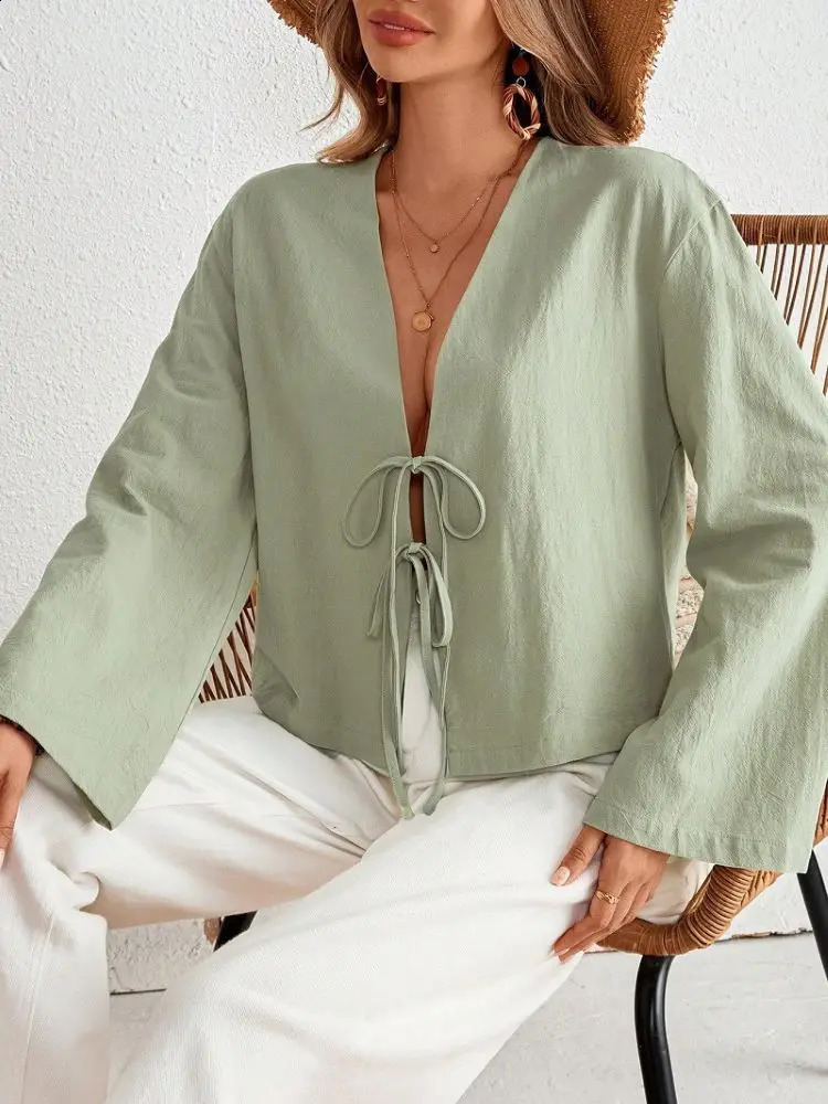 Sexy Lace Up Hollow Out Shirt Women Loose Solid Vneck Lantern Sleeve Tops Female 2024 Summer Casual Fashion Lady Short Blouses 250529Z