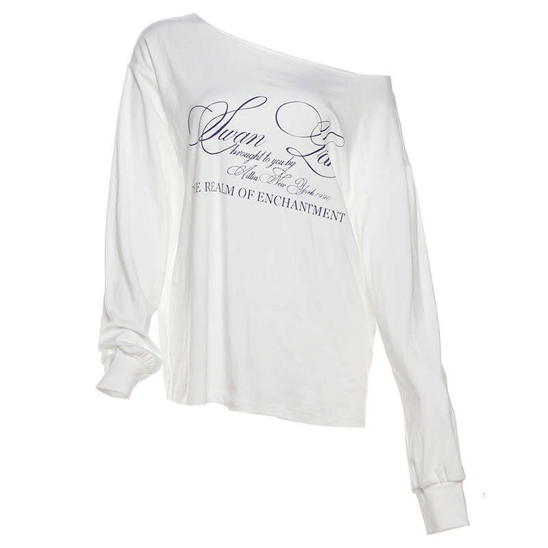 Summer New Women's American Street Fashion Letter Print Asymmetric Shoulder Loose T-Shirt Top B5