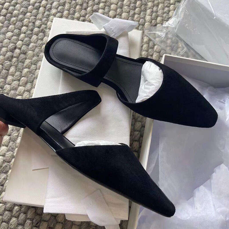 Genuine Leather Suede Mary Jane Women's Shoes Closed Half Slippers Flat Heel Pointed Toe Soft Sole Sandals