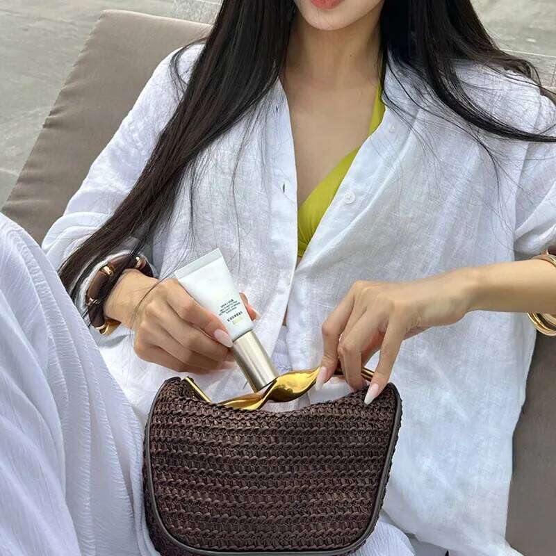 Women's Bags Designer Metallic Handle Handbag Half Moon Woven Beach For Women Summer Travel Straw Shoulder Crossbody Bags Designer Bag NEW