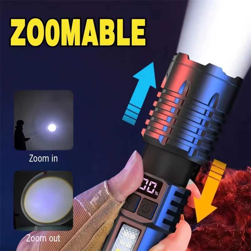 High Power LED Flashlight Rechargeable Flashlight With Side Light Super Bright Long Shot For Outdoor Camping And Hiking XJ250529