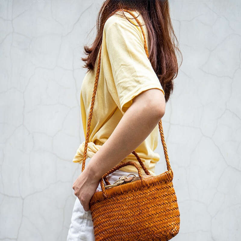 Tote Bag Braided Handbag New French Style Basket Handbag Genuine Leather Handwoven Tote Versatile Natural Color Crossbody Bag Shoulder Bag