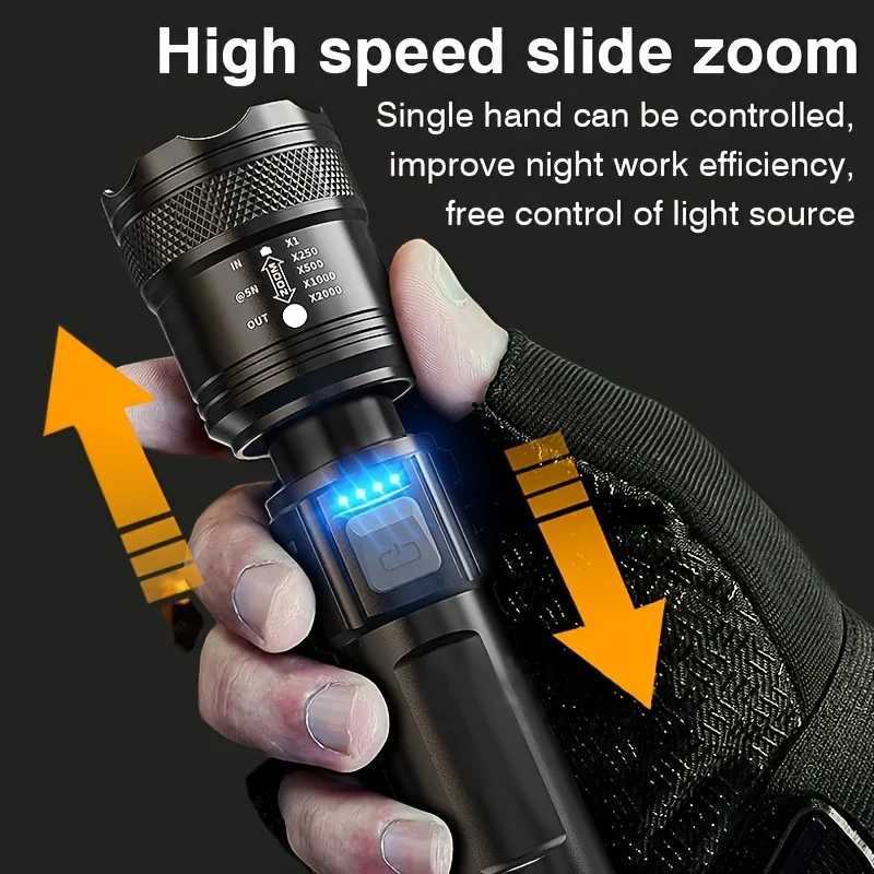 Powerful LED Flashlight Battery Display USB Rechargeable Light Telescopic Zoom Torch Lamp Outdoor Camping Fishing Lantern XJ250529