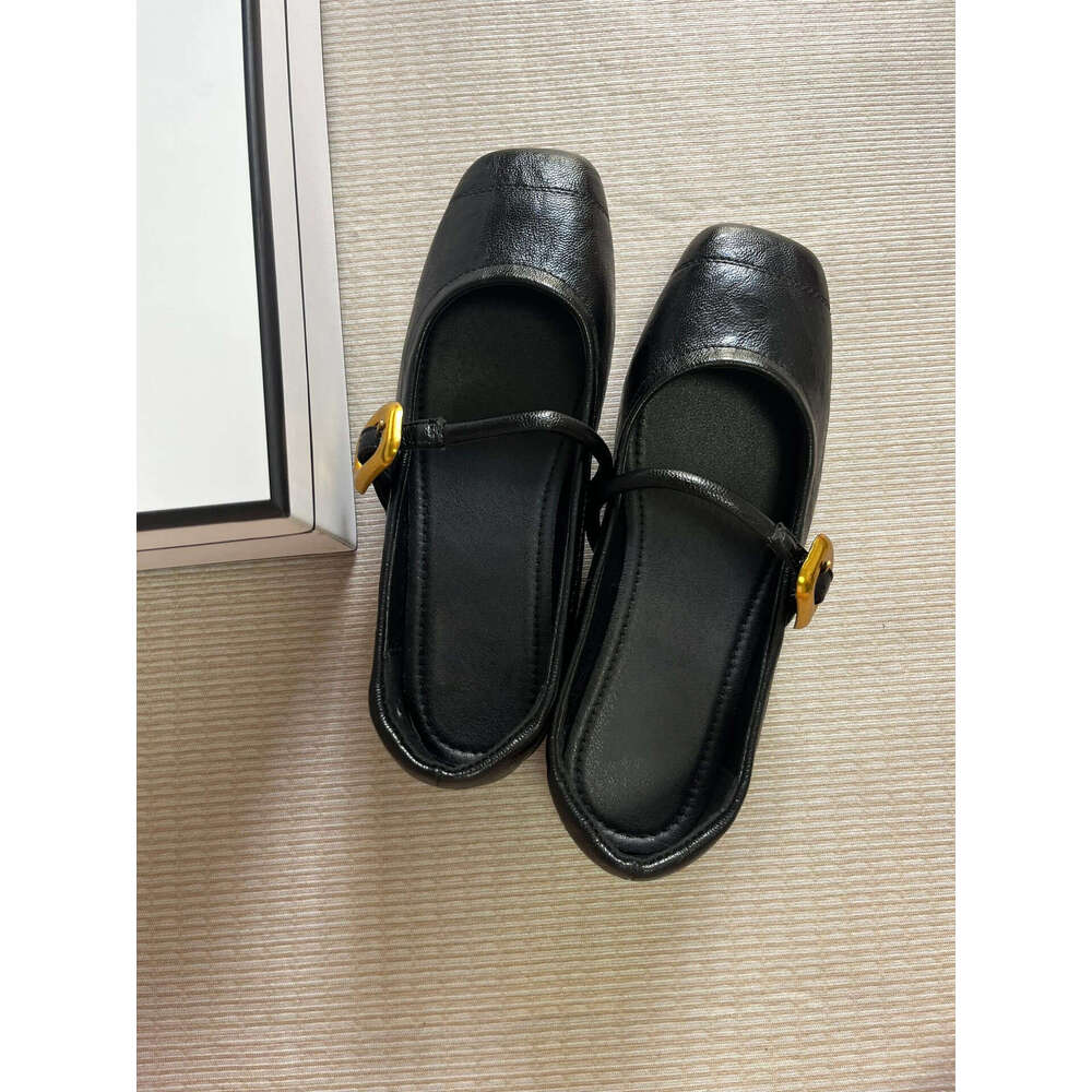 Genuine Small Gold Buckle Soft Sole Flat One-Strap Mary Jane for Women, Autumn Versatile Square Toe Leather Shoes