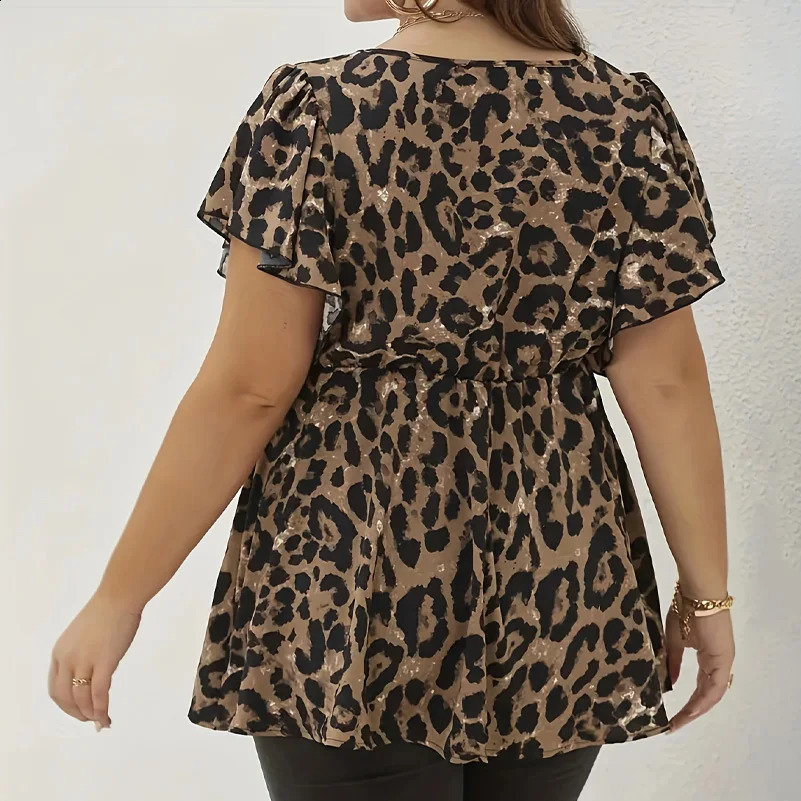Plus Size Womens Shirt Leopard Print Round Neck Waist ShortSleeved Holiday Casual Top 250519