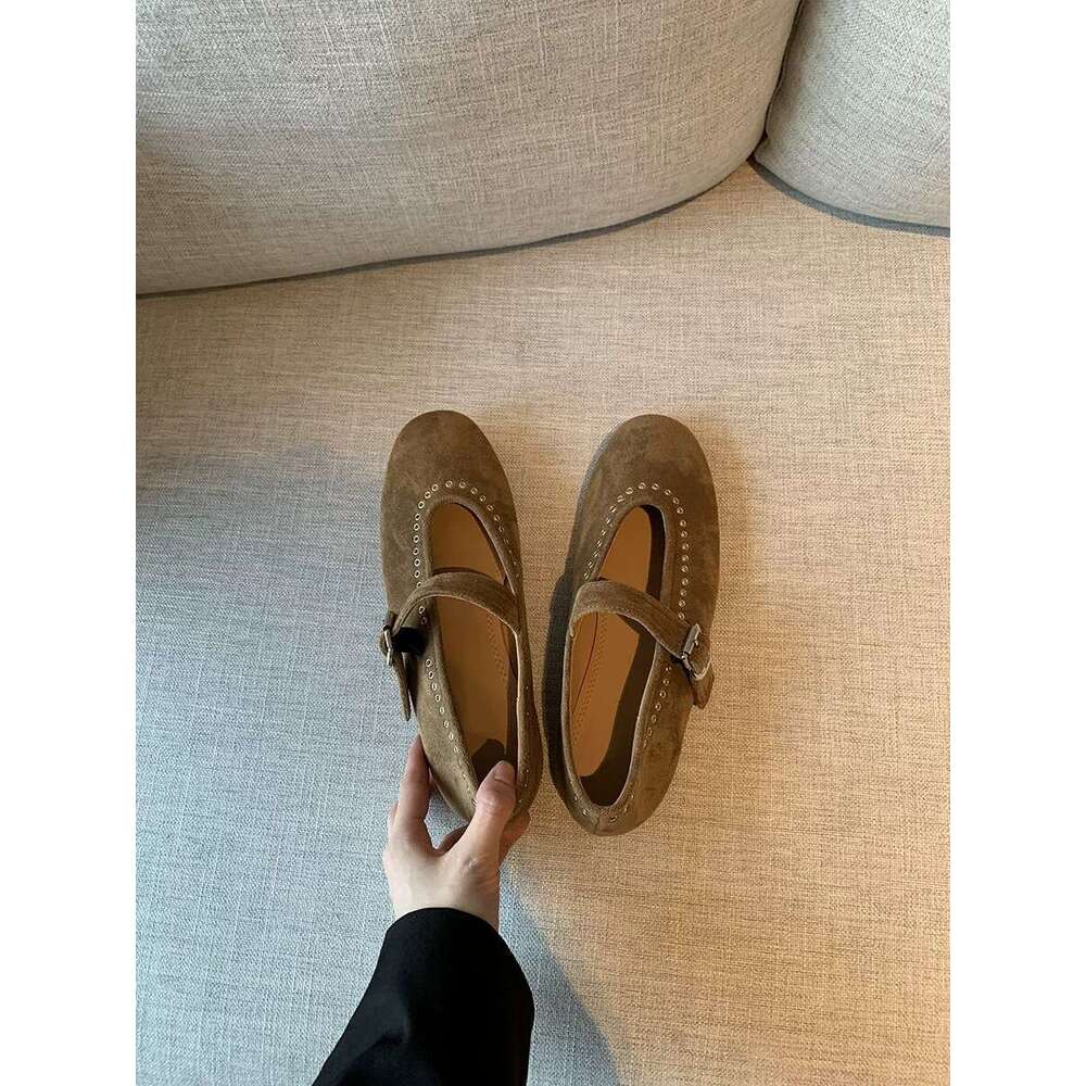 French Style Genuine Leather Suede Mary Jane with One-Strap Buckle, 2024 New Versatile Flat Round Toe Studded Single Shoes for Women