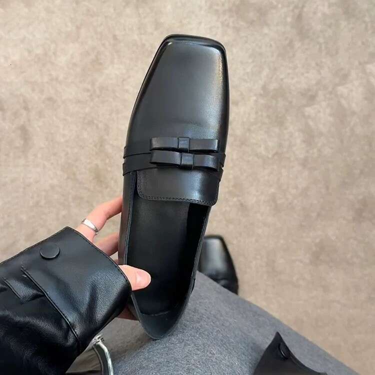 Genuine British Style Square Toe Low Heel Flat Loafers for Women 2025 Spring New Comfortable Bowknot Small Leather Single Shoes