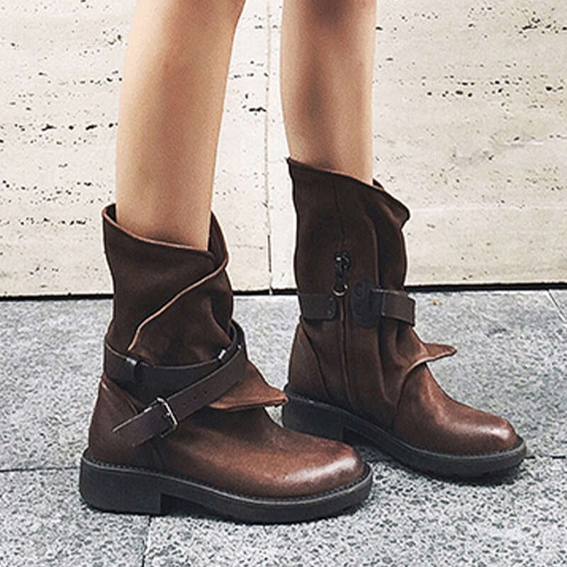 Genuine Leather Motorcycle for Women 2024 New Western Cowboy with Belt Buckle Mid-Calf Short Martin Boots