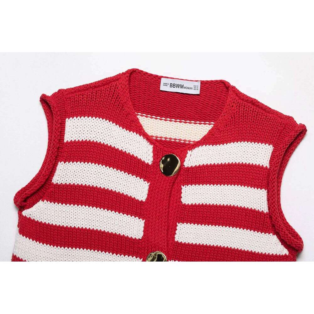 European and American style 2025 new round neck single-breasted sleeveless striped knitted vest top