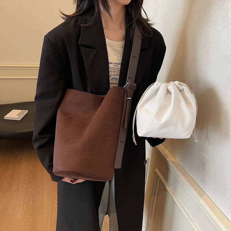 Branded Frosted PU Leather Shoulder Bucket Bag Set For Women 2-In-1 Faux Suede Big Capacity Shopper Tote Designer Handbag