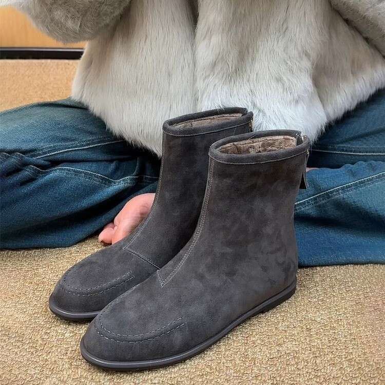 Korean Style Niche Minimalist Suede Round Toe Back Zipper Flat Slim for Women Autumn Winter Versatile Martin Short Boots