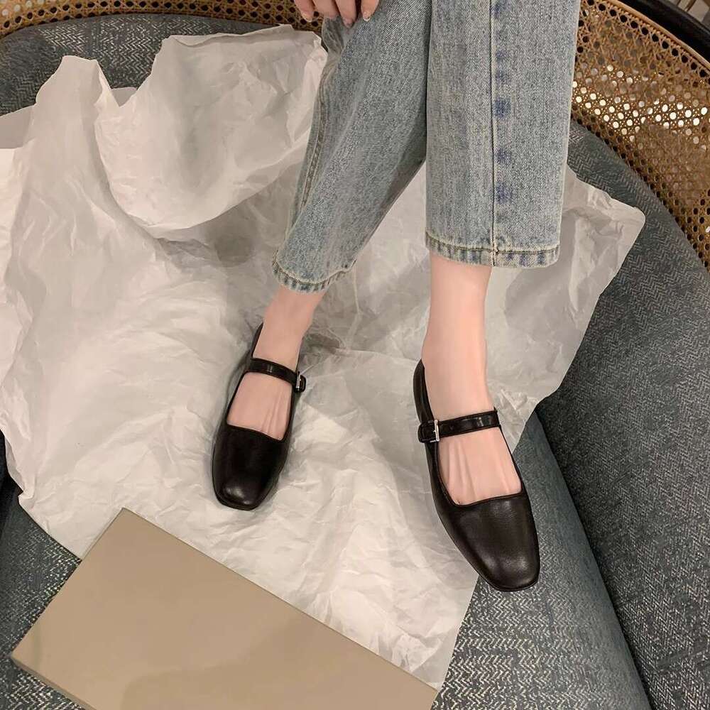 Su Yinyin Style Versatile Square Toe Genuine One-Strap Flat Mary Jane for Women Spring and Autumn Small Leather Shoes