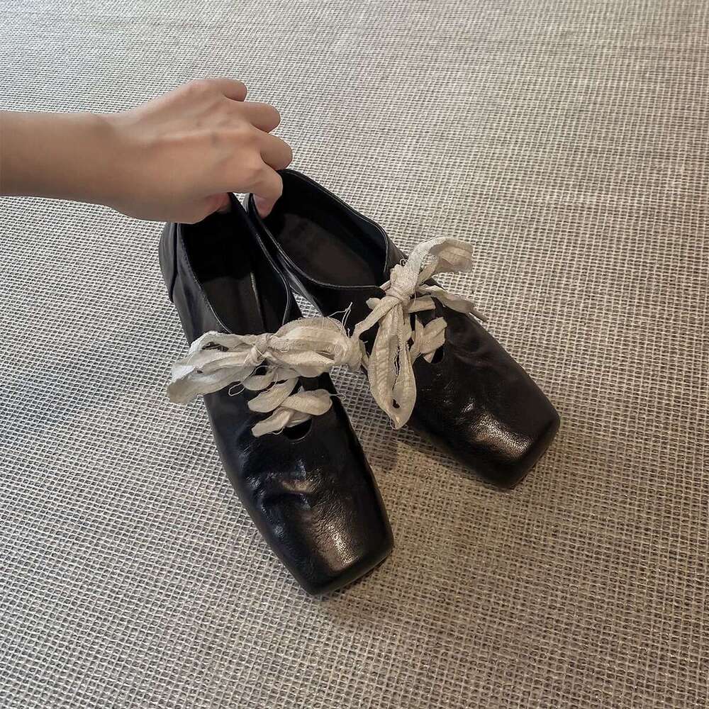 Genuine Artistic Style Niche Square Toe Lace-up High-end Chunky Heel Single for Women 2025 Spring New Small Leather Shoes
