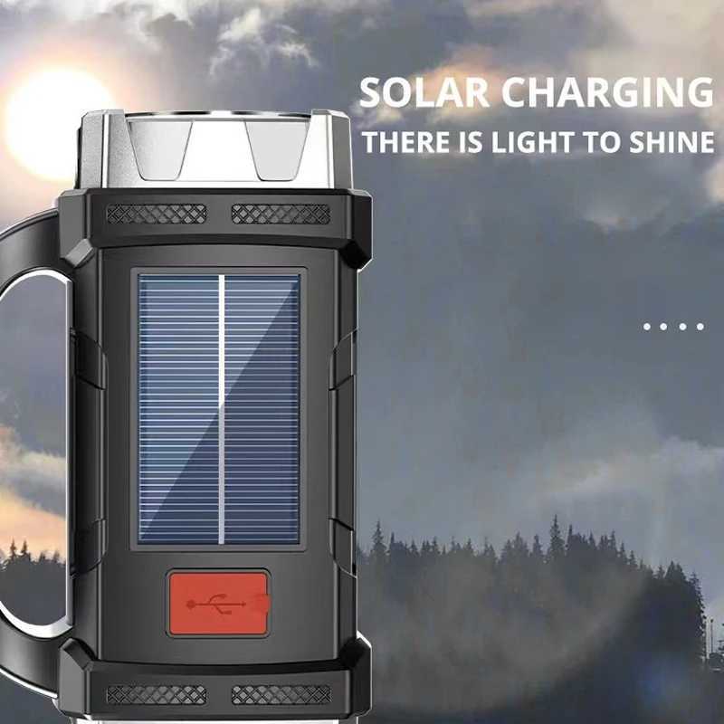2024 Powerful LED Flashlight USB+Solar Rechargeable Flashlight COB Outdoor Camping Torch Portable Searchlight Power Bank OutdoorXJ250529