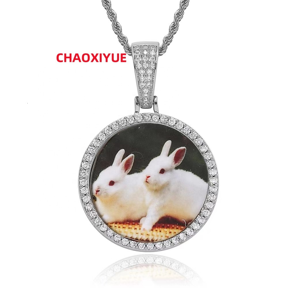 Hip Hop S925 Sterling Silver Moissanite Round Photo Frame Pendant Personality Accessory Mens Necklace