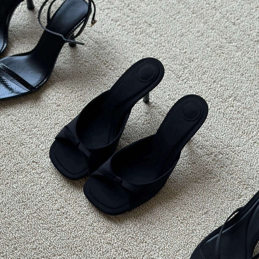 French Style Niche Genuine Leather Velvet Bow High Slippers for Women Outdoor Summer New Mules Thin Heel Sandals