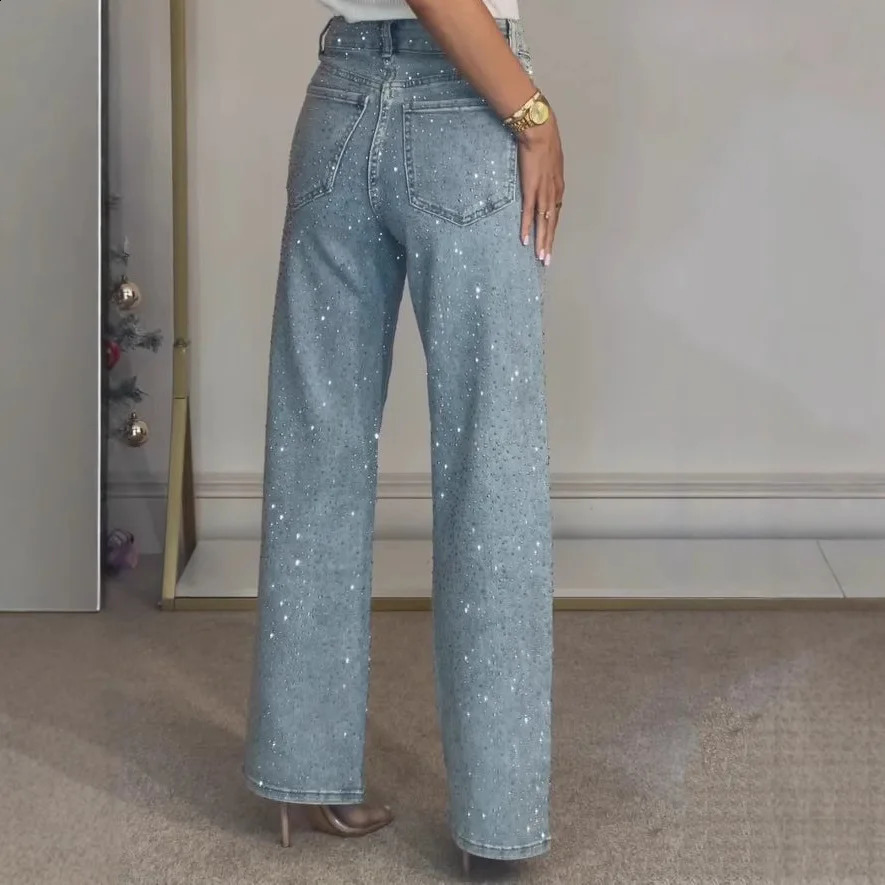 Straight Jeans for Women Diamonds Pants Stretch High Waist Washed Distressed Pockets Vintage Denims Streetwear Female Trousers 250521