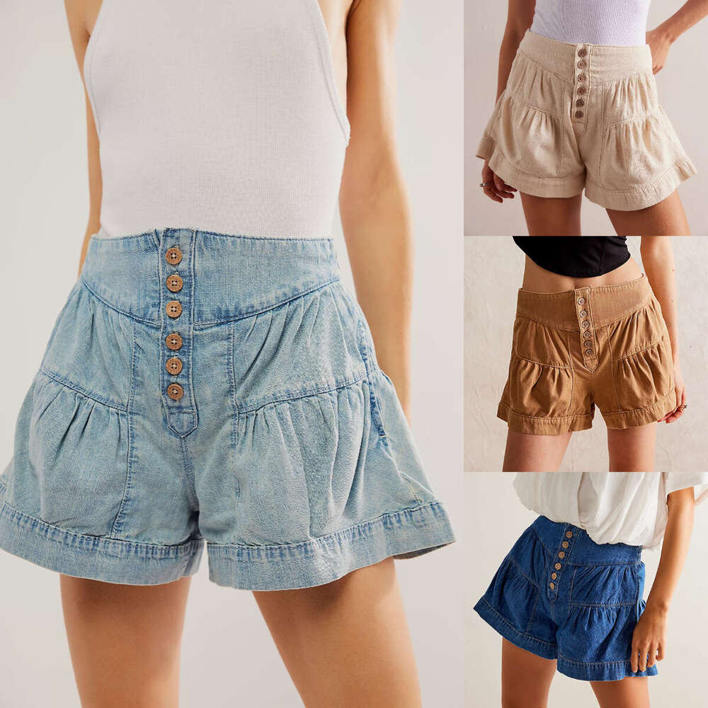Ruffle Denim Summer New Women's Casual Elastic Pocket Shorts B5