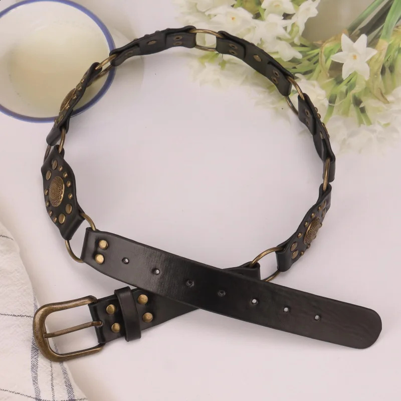 Ladies Punk Chain Belts Pin Buckle Adjustable Length Waist Accessories Retro bronze Stud Decoration For cowgirl cowboy on dress 250523