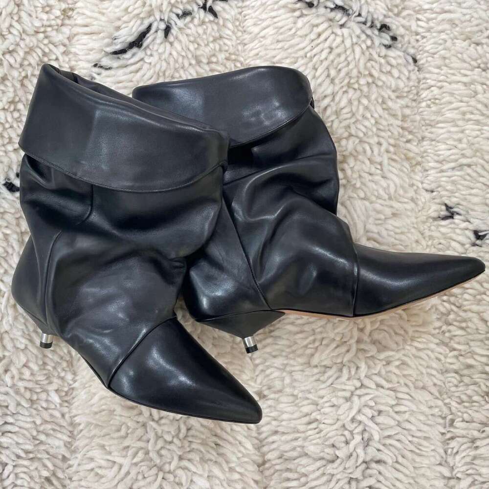 Korean Style Niche Design Pleated Slouch Pointed Toe Western Cowboy for Women 2024 New Autumn Winter Kitten Heel Ankle Boots