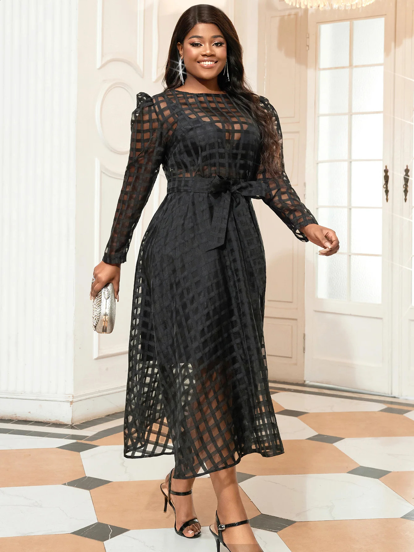 Plus Size Sexy Dress with Contrasting Mesh Round Neck and Bubble Sleeves Layered Black Casual Street Clothing Long Robe 250517