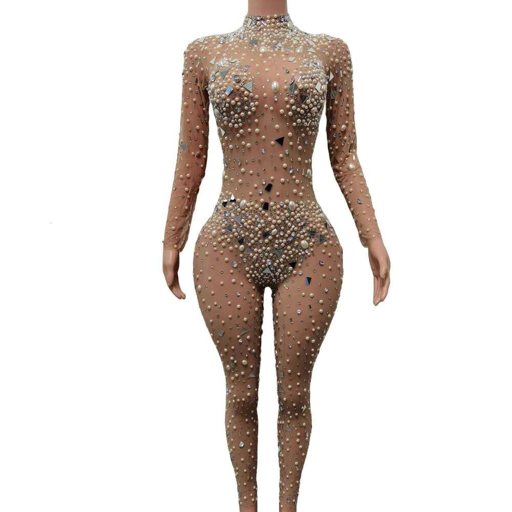Sexy Mesh Festival Dancer Outfit Show Performance Wear Women Party Club Bodysuits Female Sequins Pearls Rhinestone Jumpsuits
