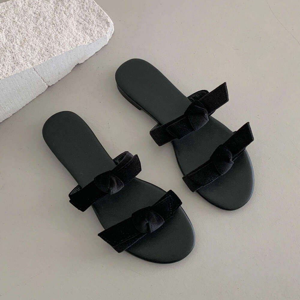 Genuine Leather Velvet Bowknot One-Strap Flat Sandals for Women Summer Beach Outdoor Open-Toe Round-Toe Half Mules