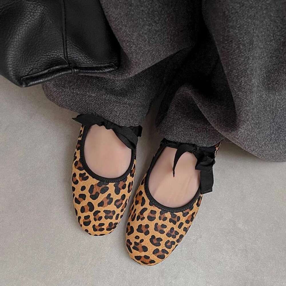 Genuine Leather Round Toe Shallow Mouth Lace-up Ballet Flats for Women 2025 Spring Summer New Leopard Print Flat Mary Jane Shoes
