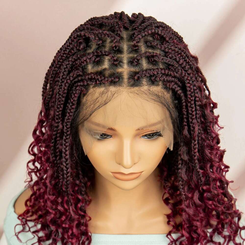 99J Bury Color Braided Wigs Synthetic Full Lace Knotless Square Box Braids Curly Hair Wig for Women