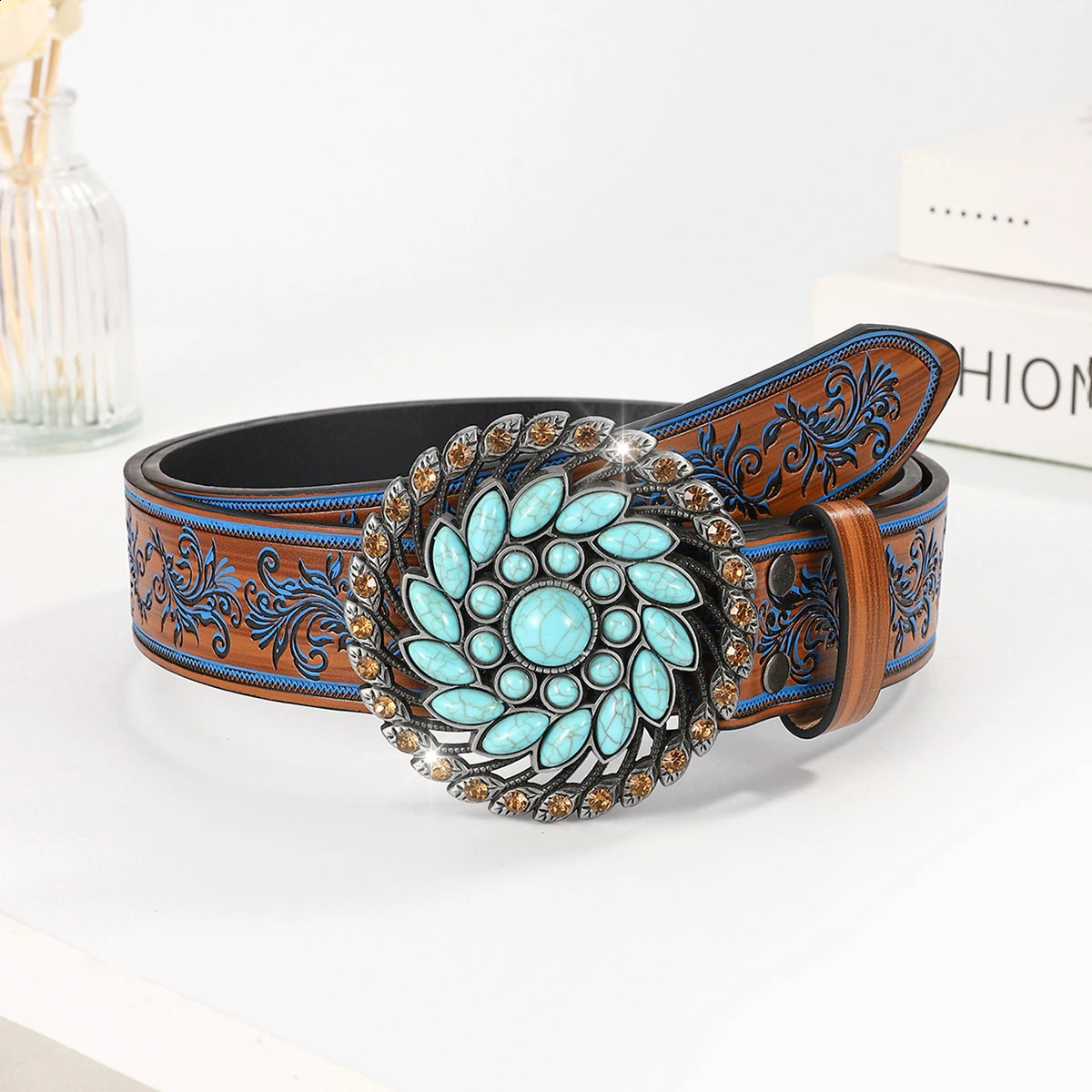 Vintage Turquoise Buckle Belt Classic Embossed Western Faux Leather Belt Vintage Denim Cowgirl Jeans Pants Belt for Women Daily 250521