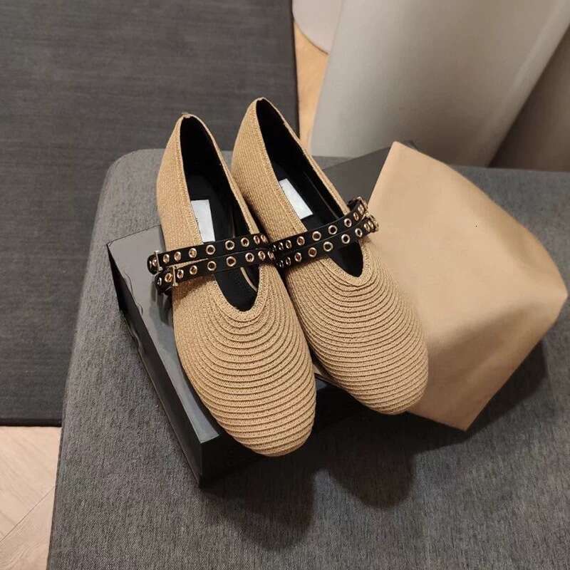 Genuine Leather French Style Straw Woven Double Strap Round Toe Shallow Mouth Flat Ballet Flats Women 2025 Spring Mary Jane Shoes