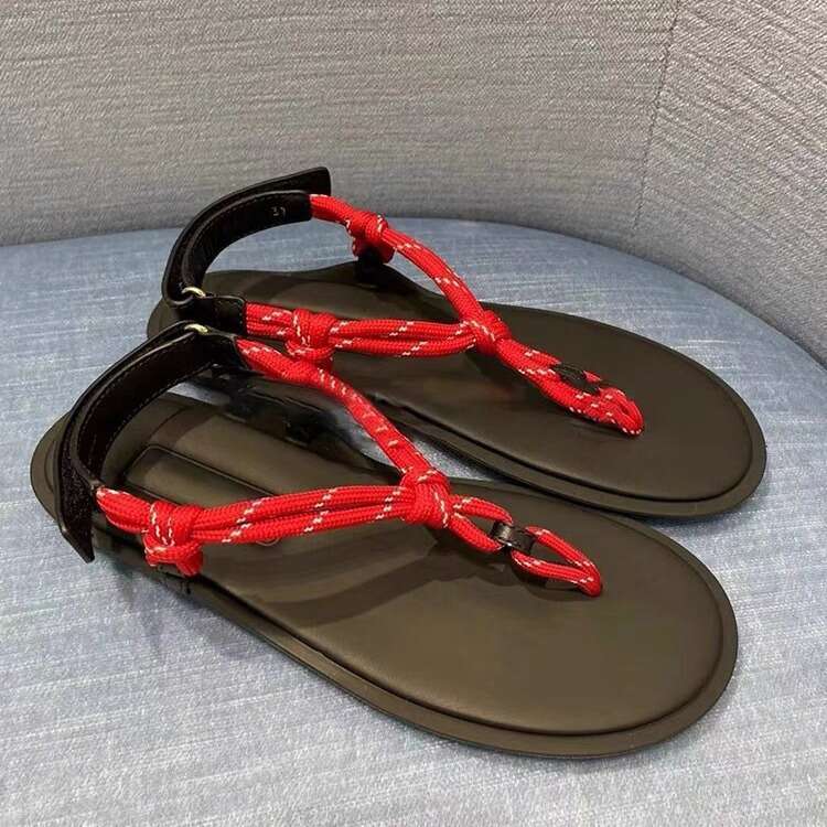Genuine Leather Jute Rope Velcro Flat Round Toe Post for Women Outdoor Summer New Beach Roman Sandals