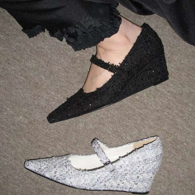 Pointed Toe Wedge Tweed Single for Women 2024 Spring Summer Versatile Shallow Mouth High Heels One Strap Mary Jane Shoes