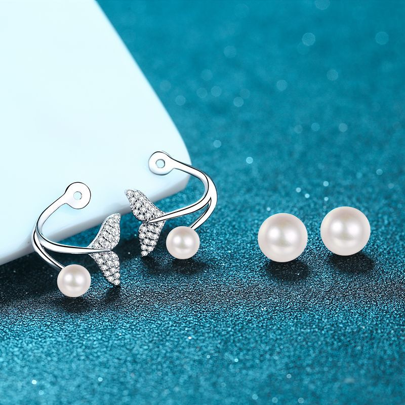 New S925 Sterling Silver Mermaid Tail Earrings with Freshwater Pearls and Moissanite Stones Two-Wear Fashion Jewelry for Women