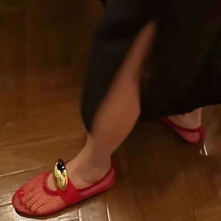 Red Metal Buckle Fishnet Hollow Flat Ballet One-Strap Mary Jane Women's Spring Summer Style Single Shoes Sandals