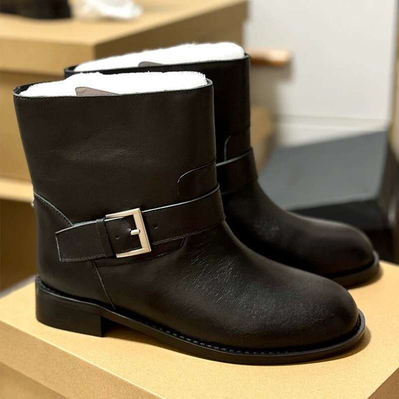 Korean Style Belt Buckle Round Toe Heel Low Short Martin Women Autumn Winter Wide Tube Chelsea Slim Boots