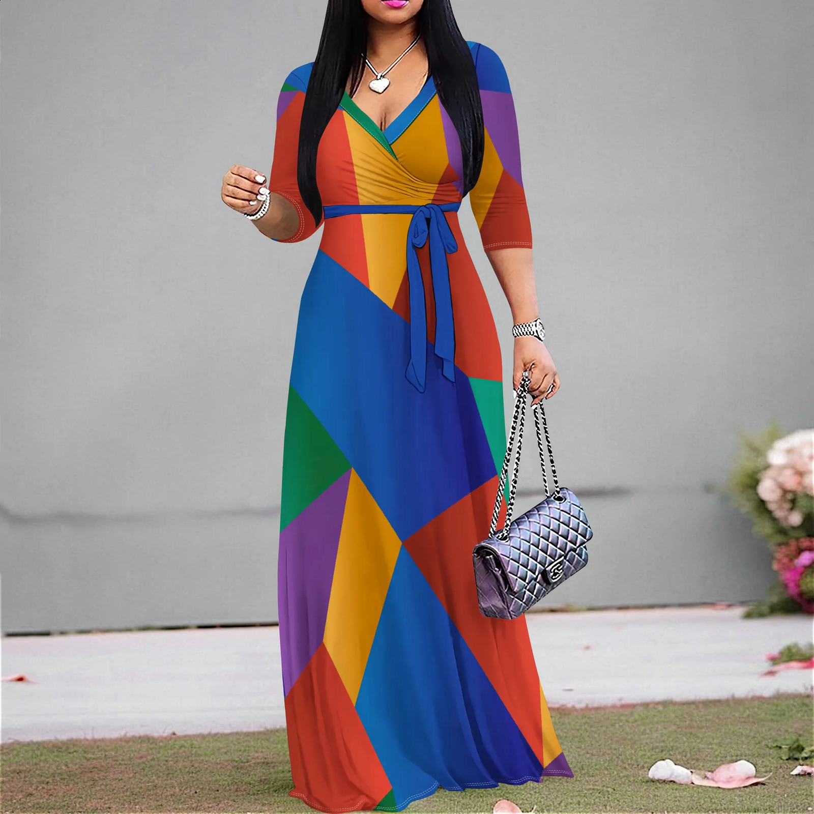 Womens Floral Print Maxi Party Dresses Summer with Pockets Casual 3 4 Sleeve V-Neck Wrap Tie Waist Long Dress 250526