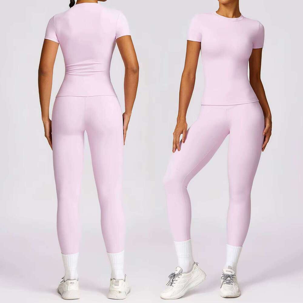 2025 Women's Round Neck Short Sleeve Slim Fit Running T Shirt High Waist Fitness Compression Quick Dry 2 Piece Set