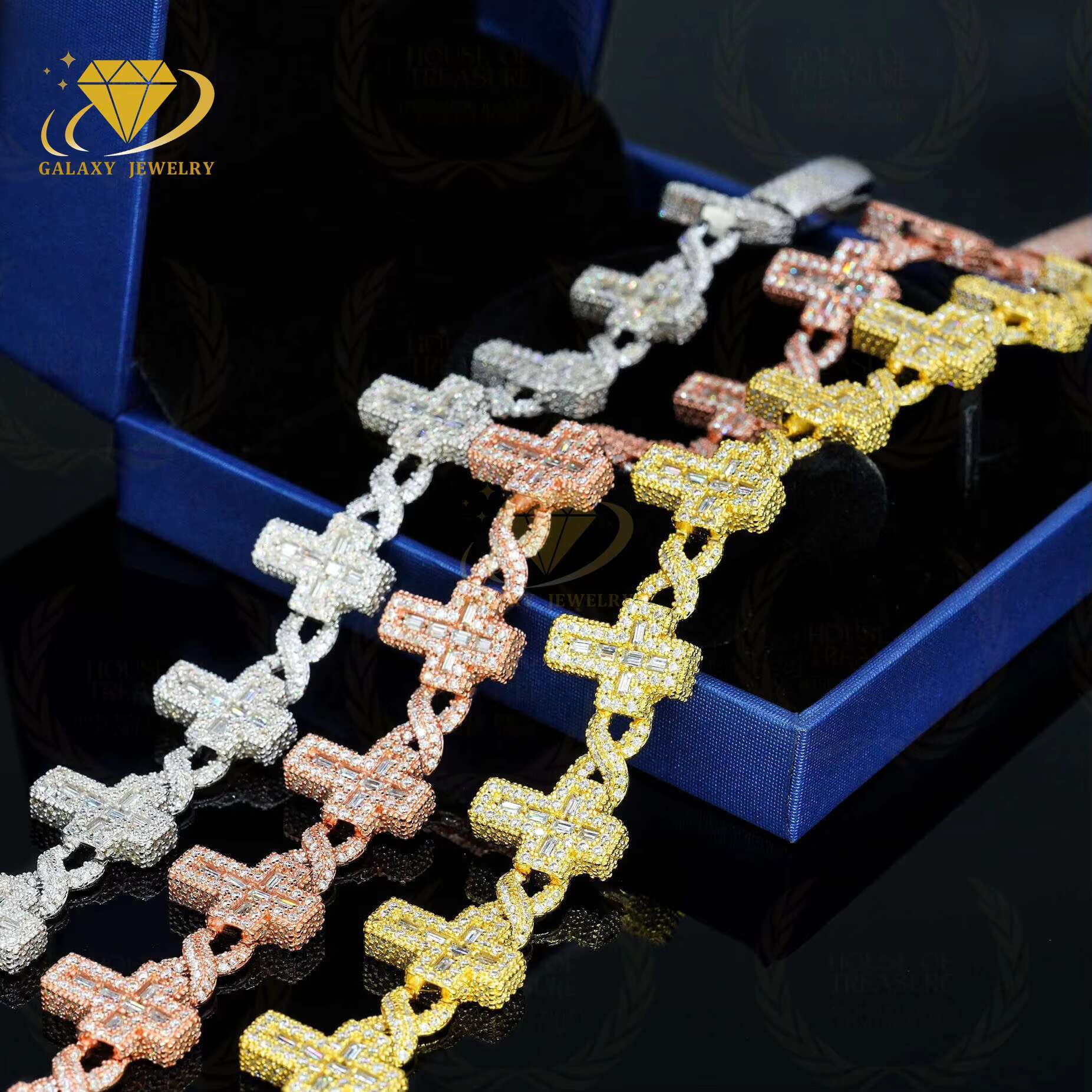 Hot Sale Emerald Cut Cross 16mm Infinity Cuban Link Chain Men Hip Hop Moissanite Diamond Iced Out Cuban Bracelet Necklace