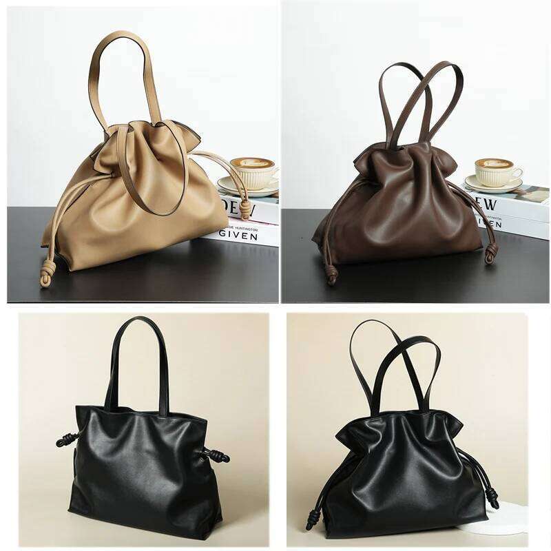 2025 High-End Women's Bucket Lady Unique Drawstring Pleated Shoulder Bag Soft Split Cowhide Leather Cloud Tote Handbag New